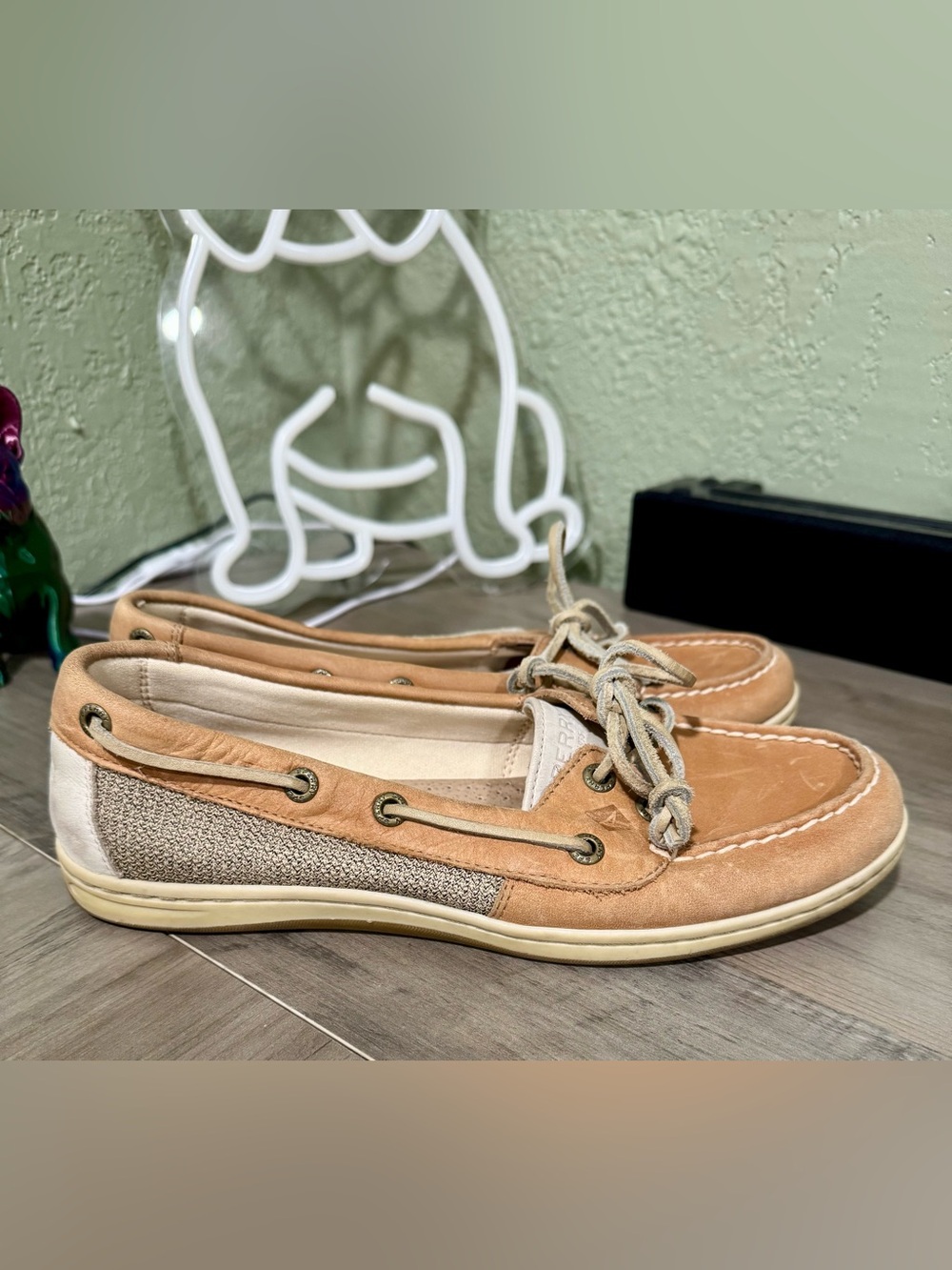 Sperry Women's Tan & Cream Leather Canvas Boat Shoes 8